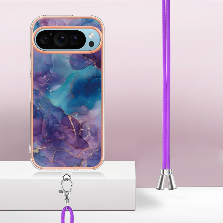 For Google Pixel 9 Pro XL Electroplating Marble Dual-side IMD Phone Case with Lanyard(Purple 016)