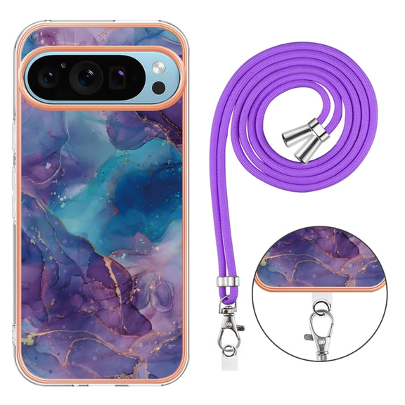 For Google Pixel 9 Pro XL Electroplating Marble Dual-side IMD Phone Case with Lanyard(Purple 016)