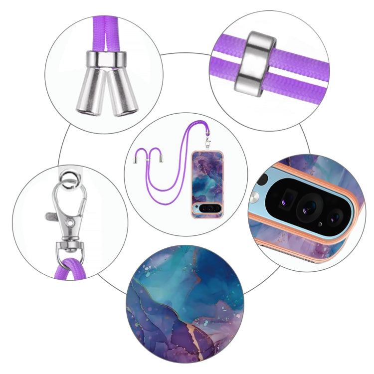 For Google Pixel 9 Pro XL Electroplating Marble Dual-side IMD Phone Case with Lanyard(Purple 016)