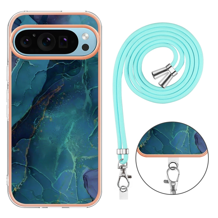 For Google Pixel 9 Pro XL Electroplating Marble Dual-side IMD Phone Case with Lanyard(Green 017)