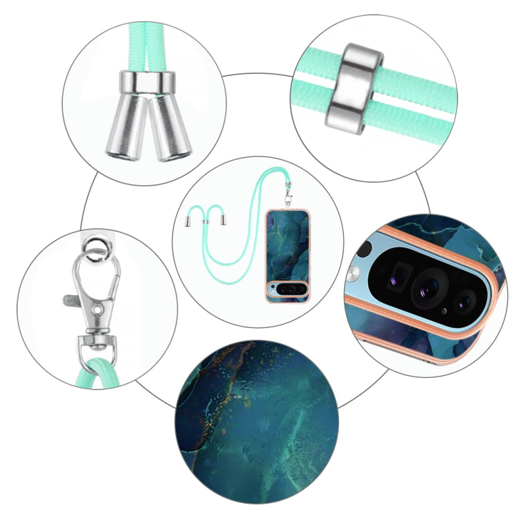 For Google Pixel 9 Pro XL Electroplating Marble Dual-side IMD Phone Case with Lanyard(Green 017)