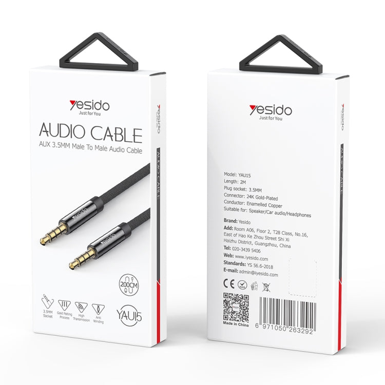 Yesido YAU15 3.5mm Male to 3.5mm Male Audio Cable, Length:2m(Black)