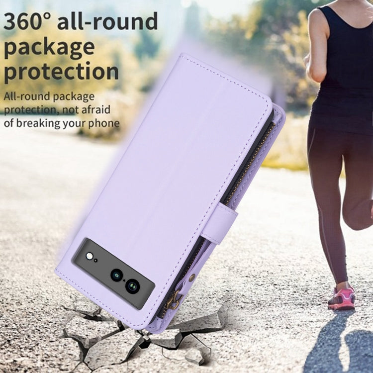 For Google Pixel 7a 9 Card Slots Zipper Wallet Leather Flip Phone Case(Light Purple)
