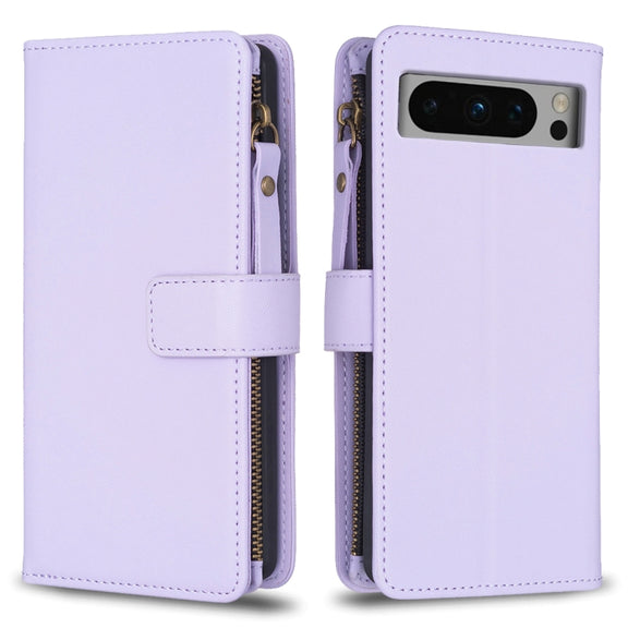 For Google Pixel 8 Pro 9 Card Slots Zipper Wallet Leather Flip Phone Case(Light Purple)