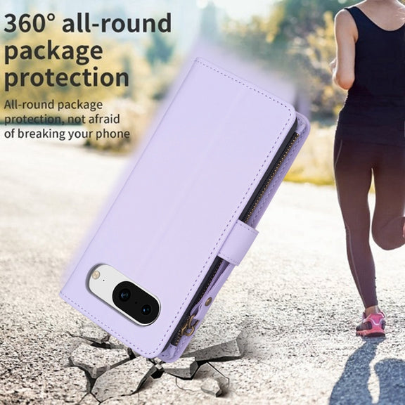 For Google Pixel 8 9 Card Slots Zipper Wallet Leather Flip Phone Case(Light Purple)
