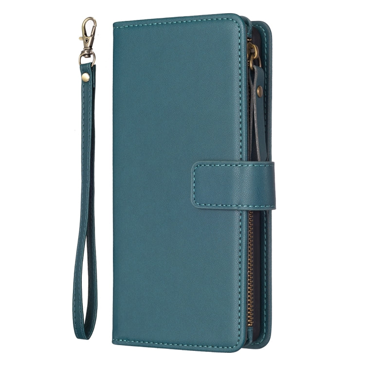 For iPhone 16 Pro Max 9 Card Slots Zipper Wallet Leather Flip Phone Case(Green)