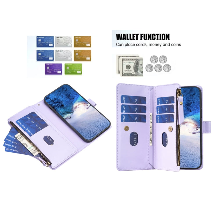 For iPhone 16 Pro 9 Card Slots Zipper Wallet Leather Flip Phone Case(Light Purple)