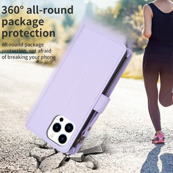 For iPhone 16 Pro 9 Card Slots Zipper Wallet Leather Flip Phone Case(Light Purple)