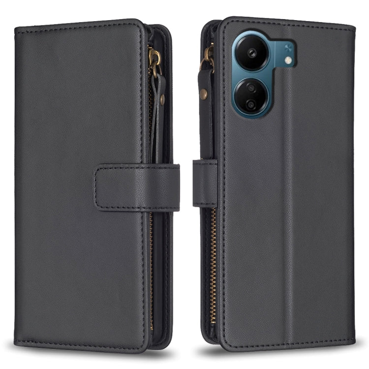 For Xiaomi Redmi 13C 9 Card Slots Zipper Wallet Leather Flip Phone Case(Black) - Xiaomi Cases by PMC TechLife | Online Shopping South Africa | PMC TechLife | Buy Now Pay Later Mobicred
