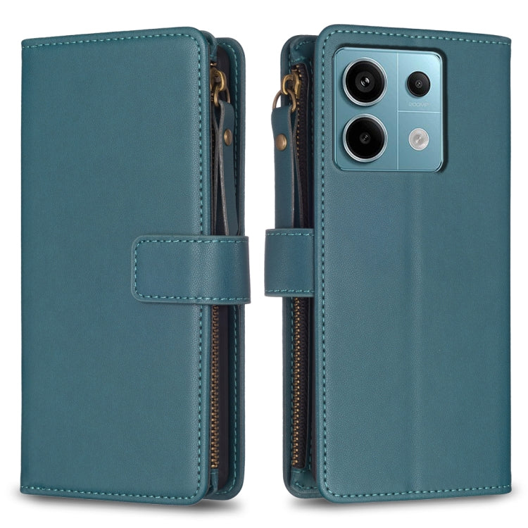 For Xiaomi Redmi Note 13 Pro 4G Global 9 Card Slots Zipper Wallet Leather Flip Phone Case(Green) - Note 13 Pro Cases by PMC TechLife | Online Shopping South Africa | PMC TechLife | Buy Now Pay Later Mobicred