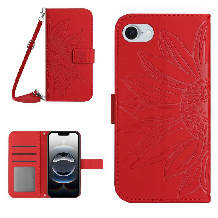 For iPhone SE 2024 Skin Feel Sun Flower Embossed Flip Leather Phone Case with Lanyard(Red) - More iPhone Cases by PMC TechLife | Online Shopping South Africa | PMC TechLife | Buy Now Pay Later Mobicred