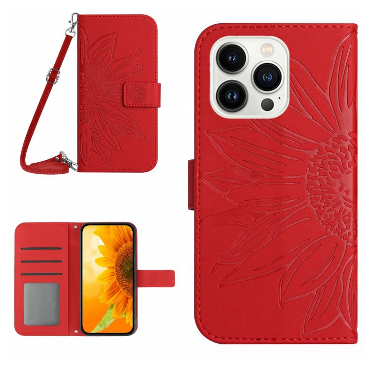 For iPhone 16 Pro Max Skin Feel Sun Flower Embossed Flip Leather Phone Case with Lanyard(Red) - iPhone 16 Pro Max Cases by PMC TechLife | Online Shopping South Africa | PMC TechLife | Buy Now Pay Later Mobicred