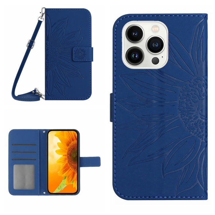 For iPhone 16 Pro Skin Feel Sun Flower Embossed Flip Leather Phone Case with Lanyard(Dark Blue) - iPhone 16 Pro Cases by PMC TechLife | Online Shopping South Africa | PMC TechLife | Buy Now Pay Later Mobicred