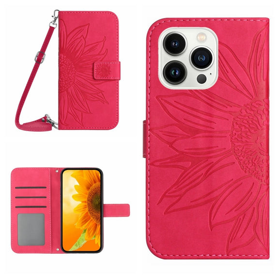 For iPhone 16 Pro Skin Feel Sun Flower Embossed Flip Leather Phone Case with Lanyard(Rose Red)