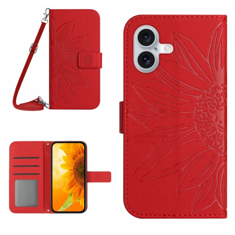 For iPhone 16 Plus Skin Feel Sun Flower Embossed Flip Leather Phone Case with Lanyard(Red) - iPhone 16 Plus Cases by PMC TechLife | Online Shopping South Africa | PMC TechLife | Buy Now Pay Later Mobicred