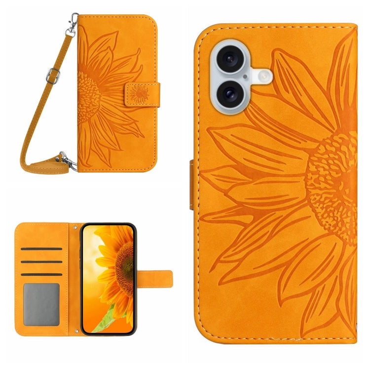 For iPhone 16 Plus Skin Feel Sun Flower Embossed Flip Leather Phone Case with Lanyard(Yellow) - iPhone 16 Plus Cases by PMC TechLife | Online Shopping South Africa | PMC TechLife | Buy Now Pay Later Mobicred
