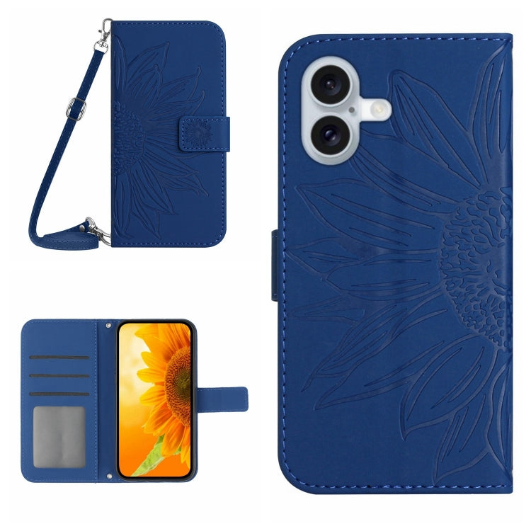For iPhone 16 Skin Feel Sun Flower Embossed Flip Leather Phone Case with Lanyard(Dark Blue) - iPhone 16 Cases by PMC TechLife | Online Shopping South Africa | PMC TechLife | Buy Now Pay Later Mobicred