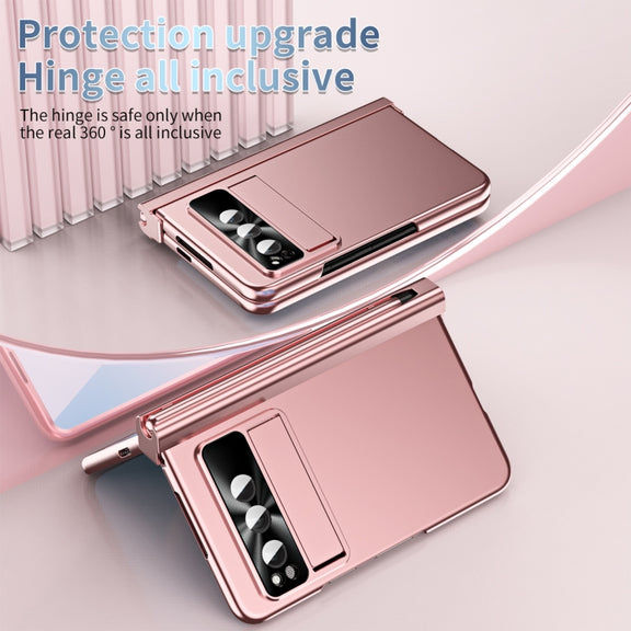 For Google Pixel Fold Integrated Electroplating Pen Slot Double Hinge Folding Phone Case with Stylus(Pink)