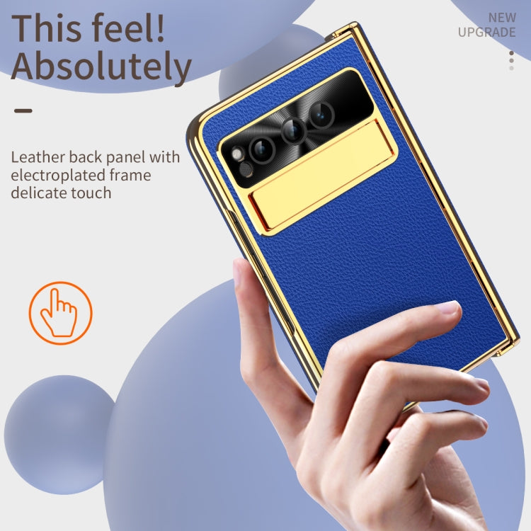 For Google Pixel Fold Litchi Pattern Electroplating Folding Phone Case with Hinge(Royal Blue) - Google Cases by PMC TechLife | Online Shopping South Africa | PMC TechLife | Buy Now Pay Later Mobicred