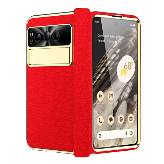 For Google Pixel Fold Litchi Pattern Electroplating Folding Phone Case with Hinge(Red)