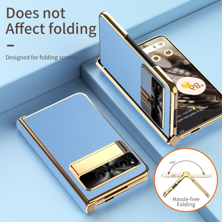 For Google Pixel Fold Litchi Pattern Electroplating Folding Phone Case with Hinge(Blue) - Google Cases by PMC TechLife | Online Shopping South Africa | PMC TechLife | Buy Now Pay Later Mobicred
