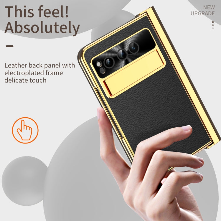 For Google Pixel Fold Litchi Pattern Electroplating Pen Slot Folding Phone Case with Stylus(Black) - Google Cases by PMC TechLife | Online Shopping South Africa | PMC TechLife | Buy Now Pay Later Mobicred