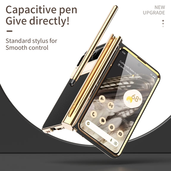 For Google Pixel Fold Litchi Pattern Electroplating Pen Slot Folding Phone Case with Stylus(Black)