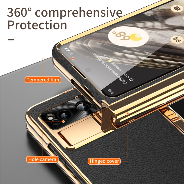 For Google Pixel Fold Litchi Pattern Electroplating Pen Slot Folding Phone Case with Stylus(Black) - Google Cases by PMC TechLife | Online Shopping South Africa | PMC TechLife | Buy Now Pay Later Mobicred