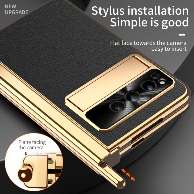For Google Pixel Fold Litchi Pattern Electroplating Pen Slot Folding Phone Case with Stylus(Black)