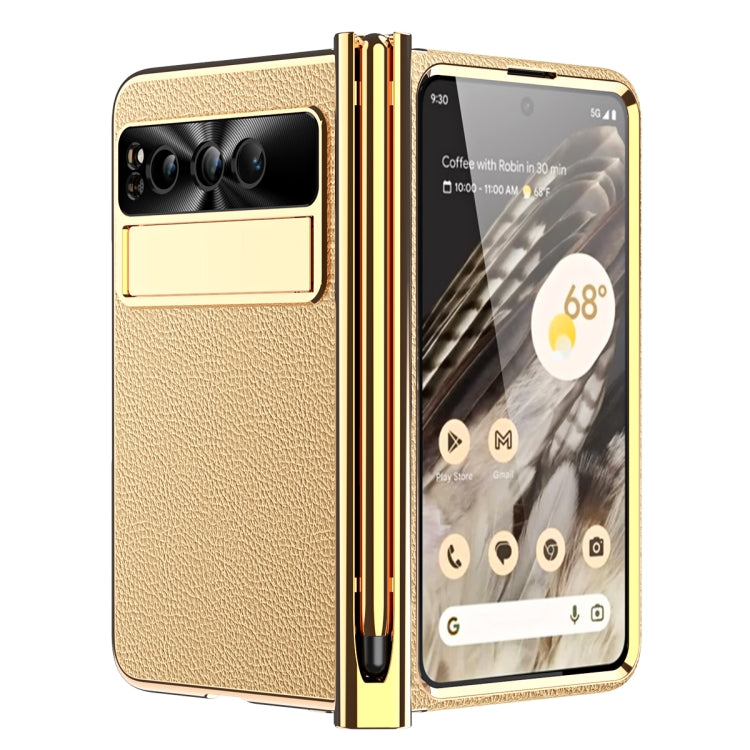 For Google Pixel Fold Litchi Pattern Electroplating Pen Slot Folding Phone Case with Stylus(Gold) - Google Cases by PMC TechLife | Online Shopping South Africa | PMC TechLife | Buy Now Pay Later Mobicred
