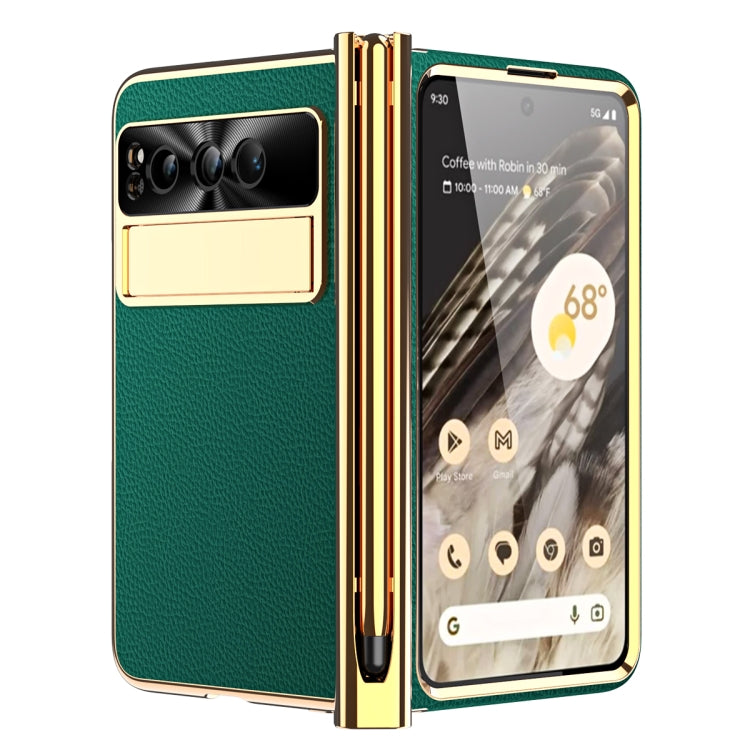 For Google Pixel Fold Litchi Pattern Electroplating Pen Slot Folding Phone Case with Stylus(Green) - Google Cases by PMC TechLife | Online Shopping South Africa | PMC TechLife | Buy Now Pay Later Mobicred