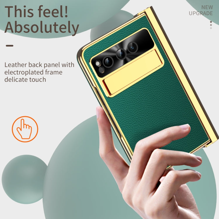 For Google Pixel Fold Litchi Pattern Electroplating Pen Slot Folding Phone Case with Stylus(Green) - Google Cases by PMC TechLife | Online Shopping South Africa | PMC TechLife | Buy Now Pay Later Mobicred