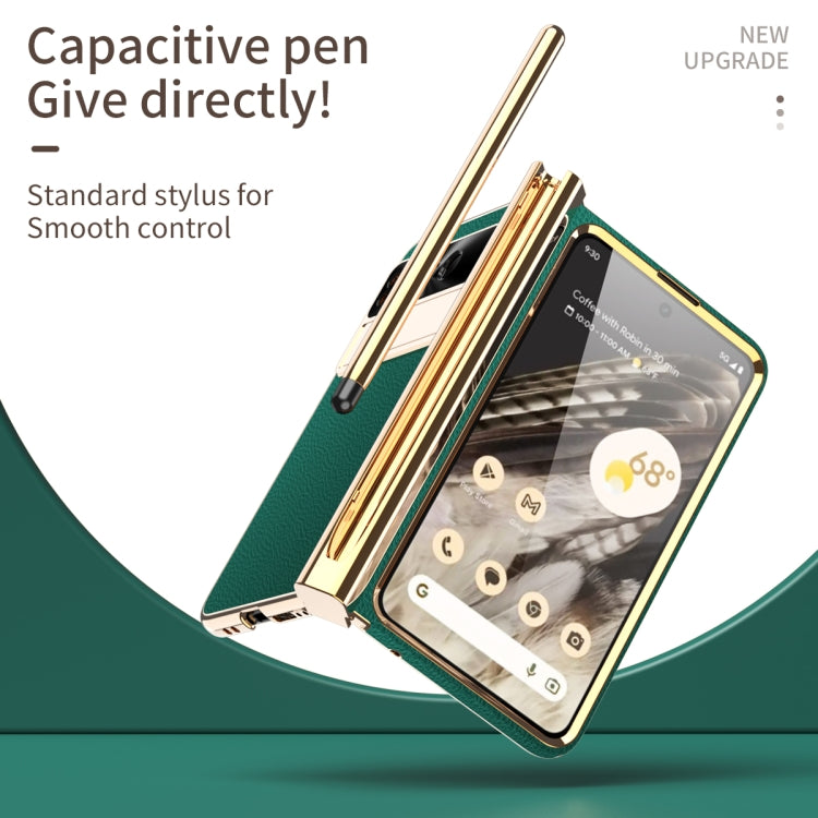 For Google Pixel Fold Litchi Pattern Electroplating Pen Slot Folding Phone Case with Stylus(Green) - Google Cases by PMC TechLife | Online Shopping South Africa | PMC TechLife | Buy Now Pay Later Mobicred