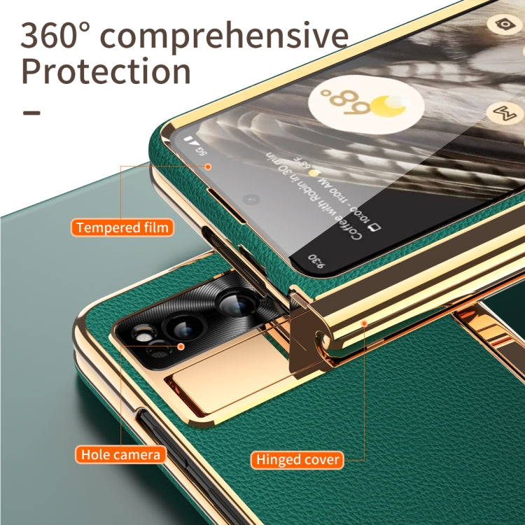 For Google Pixel Fold Litchi Pattern Electroplating Pen Slot Folding Phone Case with Stylus(Green) - Google Cases by PMC TechLife | Online Shopping South Africa | PMC TechLife | Buy Now Pay Later Mobicred