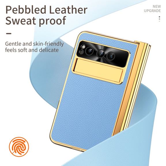 For Google Pixel Fold Litchi Pattern Electroplating Pen Slot Folding Phone Case with Stylus(Blue)