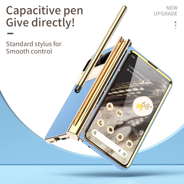 For Google Pixel Fold Litchi Pattern Electroplating Pen Slot Folding Phone Case with Stylus(Blue)