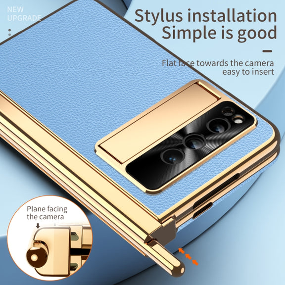 For Google Pixel Fold Litchi Pattern Electroplating Pen Slot Folding Phone Case with Stylus(Blue)
