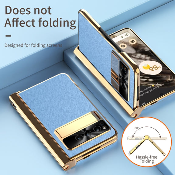 For Google Pixel Fold Litchi Pattern Electroplating Pen Slot Folding Phone Case with Stylus(Blue)