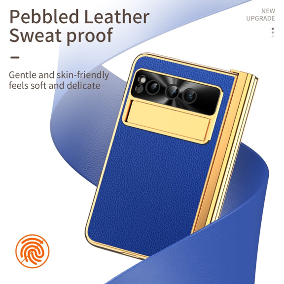 For Google Pixel Fold Litchi Pattern Electroplating Pen Slot Double Hinge Folding Phone Case with Stylus(Royal Blue)