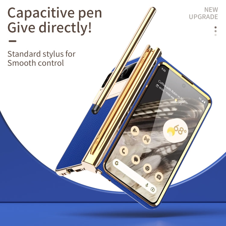 For Google Pixel Fold Litchi Pattern Electroplating Pen Slot Double Hinge Folding Phone Case with Stylus(Royal Blue) - Google Cases by PMC TechLife | Online Shopping South Africa | PMC TechLife | Buy Now Pay Later Mobicred
