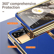For Google Pixel Fold Litchi Pattern Electroplating Pen Slot Double Hinge Folding Phone Case with Stylus(Royal Blue)