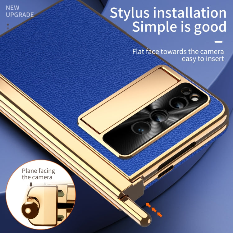 For Google Pixel Fold Litchi Pattern Electroplating Pen Slot Double Hinge Folding Phone Case with Stylus(Royal Blue)