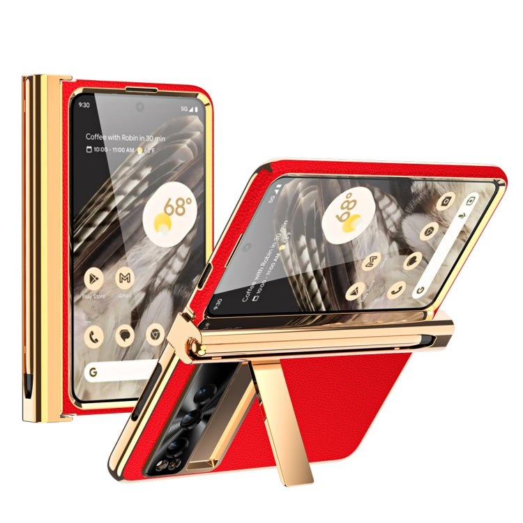 For Google Pixel Fold Litchi Pattern Electroplating Pen Slot Double Hinge Folding Phone Case with Stylus(Red) - Google Cases by PMC TechLife | Online Shopping South Africa | PMC TechLife | Buy Now Pay Later Mobicred