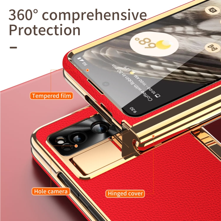For Google Pixel Fold Litchi Pattern Electroplating Pen Slot Double Hinge Folding Phone Case with Stylus(Red) - Google Cases by PMC TechLife | Online Shopping South Africa | PMC TechLife | Buy Now Pay Later Mobicred
