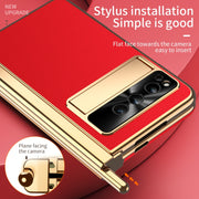 For Google Pixel Fold Litchi Pattern Electroplating Pen Slot Double Hinge Folding Phone Case with Stylus(Red)