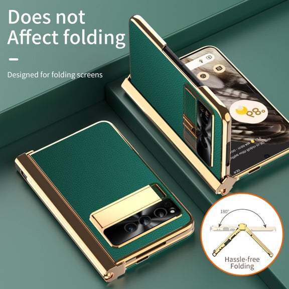 For Google Pixel Fold Litchi Pattern Electroplating Pen Slot Double Hinge Folding Phone Case with Stylus(Green)