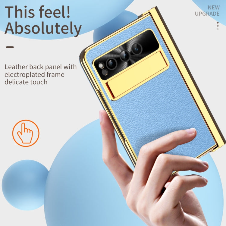 For Google Pixel Fold Litchi Pattern Electroplating Pen Slot Double Hinge Folding Phone Case with Stylus(Blue) - free shipping - PMC TechLife - Order now!