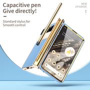For Google Pixel Fold Litchi Pattern Electroplating Pen Slot Double Hinge Folding Phone Case with Stylus(Blue)