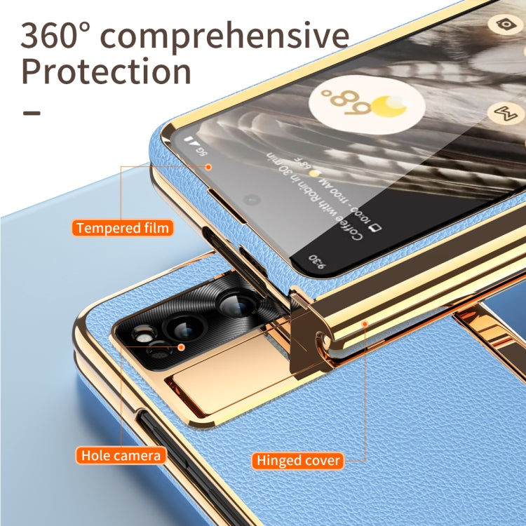 For Google Pixel Fold Litchi Pattern Electroplating Pen Slot Double Hinge Folding Phone Case with Stylus(Blue) - free shipping - PMC TechLife - Order now!