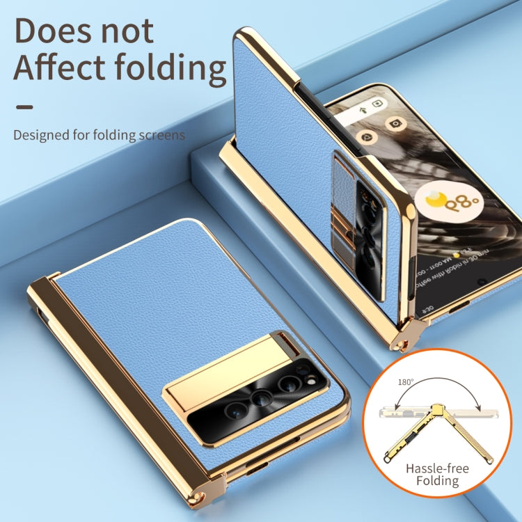 For Google Pixel Fold Litchi Pattern Electroplating Pen Slot Double Hinge Folding Phone Case with Stylus(Blue) - free shipping - PMC TechLife - Order now!
